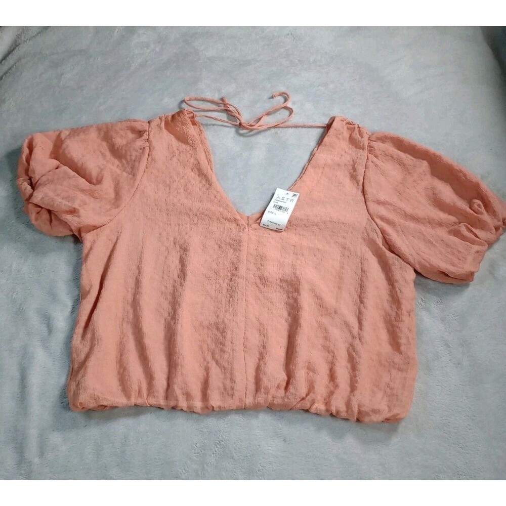 ASTR The Label Pink Chiffon Puff Sleeve V-Neck Crop Top NWT Large L Back Tie